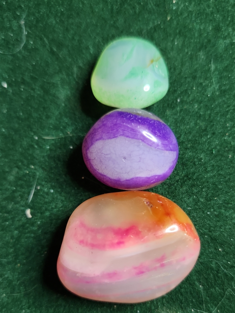 Colorfully Dyed Tumbled and Polished Agate Trio - Green, Purple, Pink